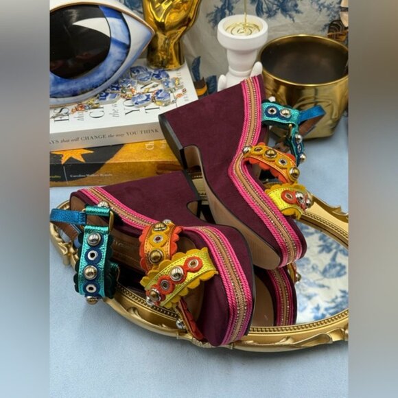 🆕 KURT GEIGER LONDON 🧿 NWOB Scalloped Stud X Wedge Heel Multicolor - Sz 37 US7 - Picture 11 of 12